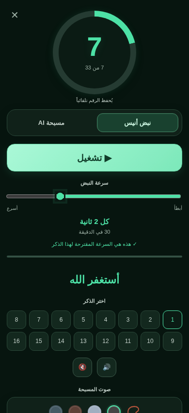 لقطة فعلية لواجهة أنيس الذاكرين بالثيم الزمردي